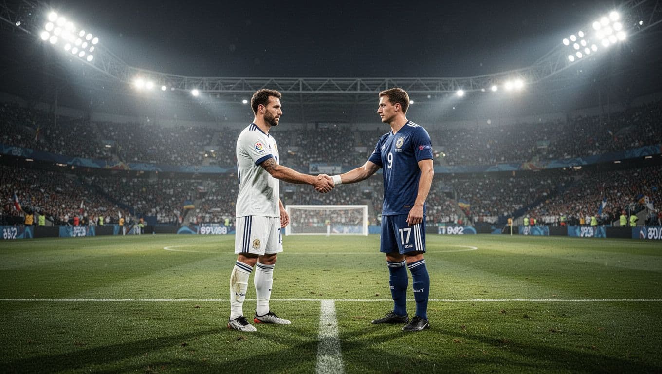 Two football captains stand at the center of a vivid green pitch, clasping hands before a big match. Bright stadium floodlights cast a dramatic glow over the manicured grass and players.