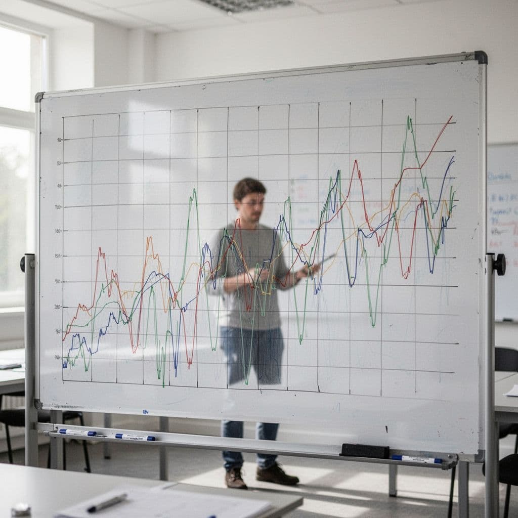 A whiteboard displays rising and falling line graphs tracking sports team performance in a professional setting.
