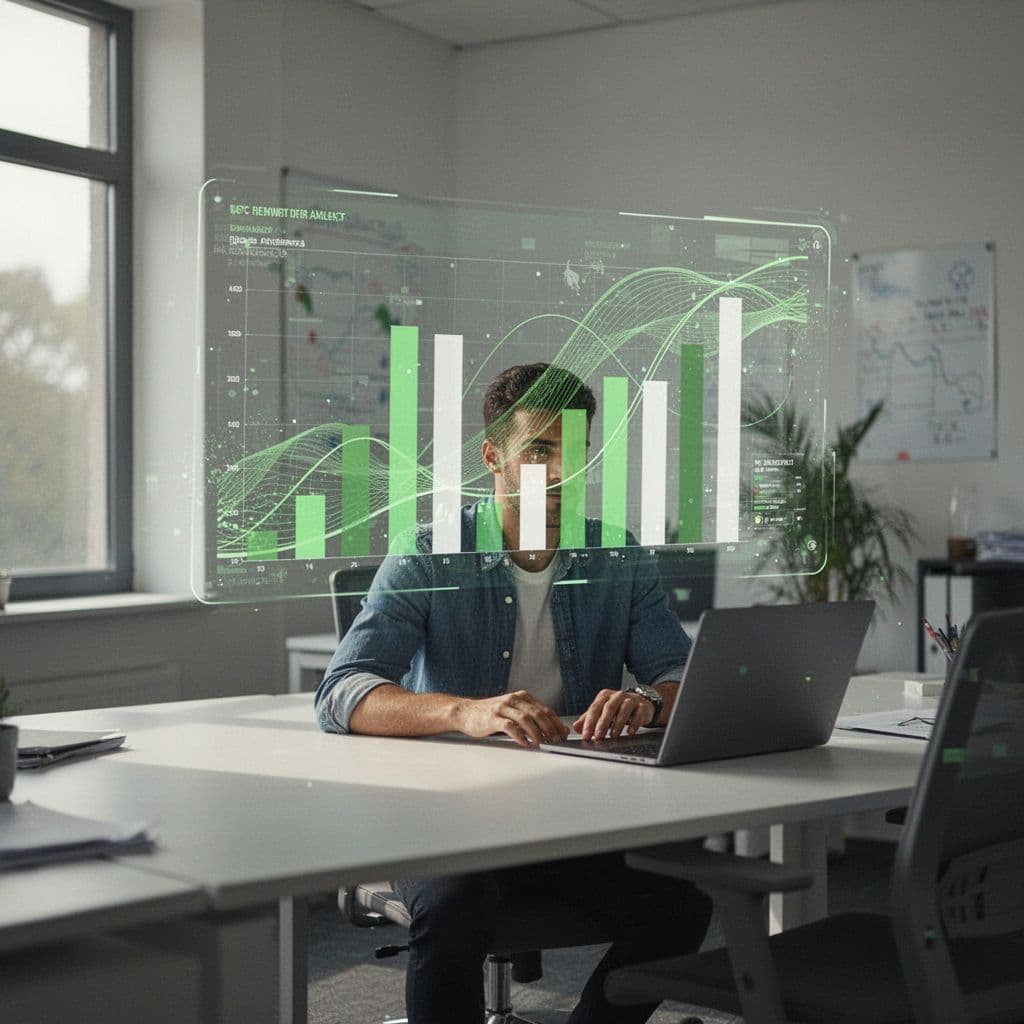 Blurred laptop screen shows minimalist bar charts and line graphs in green and white, viewed by one person in clean office.
