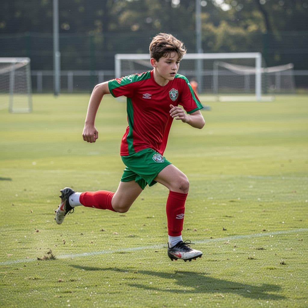 A young athlete wearing a red and green training kit sprints across a grass field. The focused boy demonstrates agility and athletic form under bright, clear natural afternoon daylight conditions.