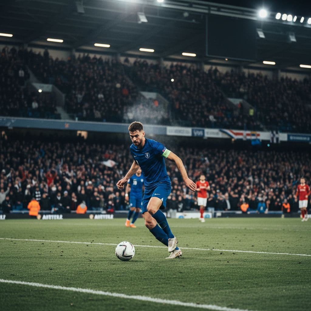 A focused soccer player in a vibrant blue jersey maneuvers with the ball near the goal mouth. Bright stadium floodlights cast dramatic shadows across the grass during this intense night match.