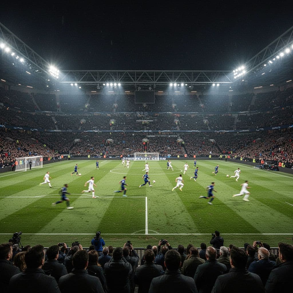 Brightly lit football stadium at night with players in motion across the grass pitch.