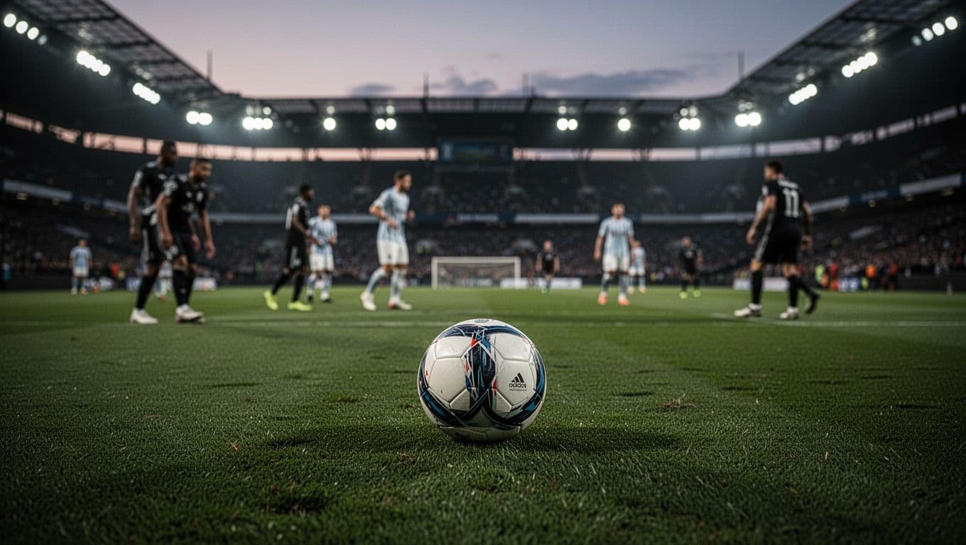 A single football rests on a lush green pitch under the glow of stadium lights at twilight.