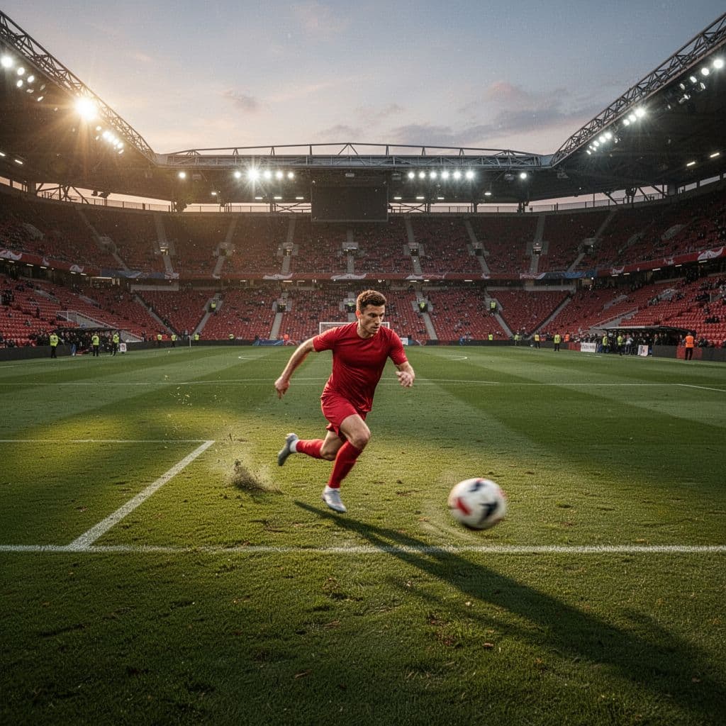 Wide shot of football stadium at dusk with two teams chasing ball on green field under lights.