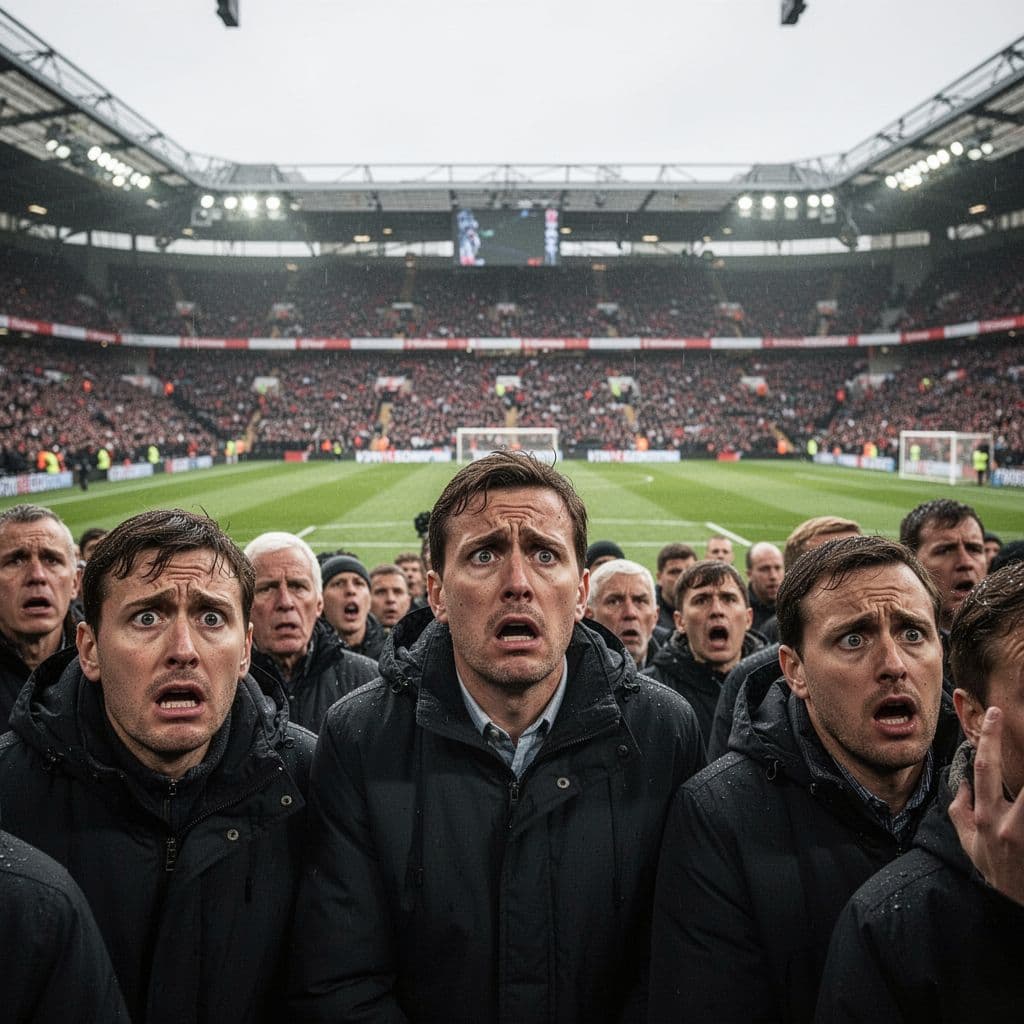 Worried spectators fill seats in a tense football stadium under cloudy skies, viewed from fan perspective.
