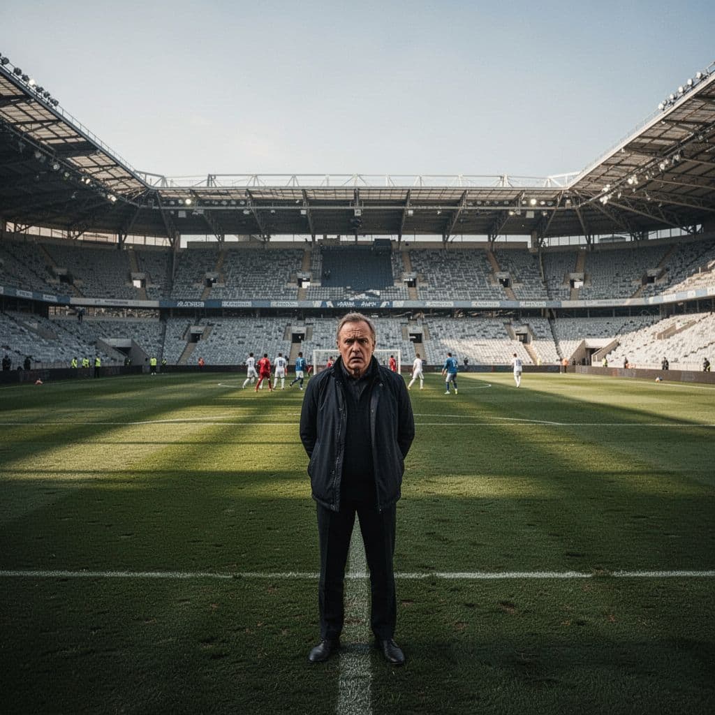 Wide stadium view captures distant players on pitch and one concerned person focused on sideline.