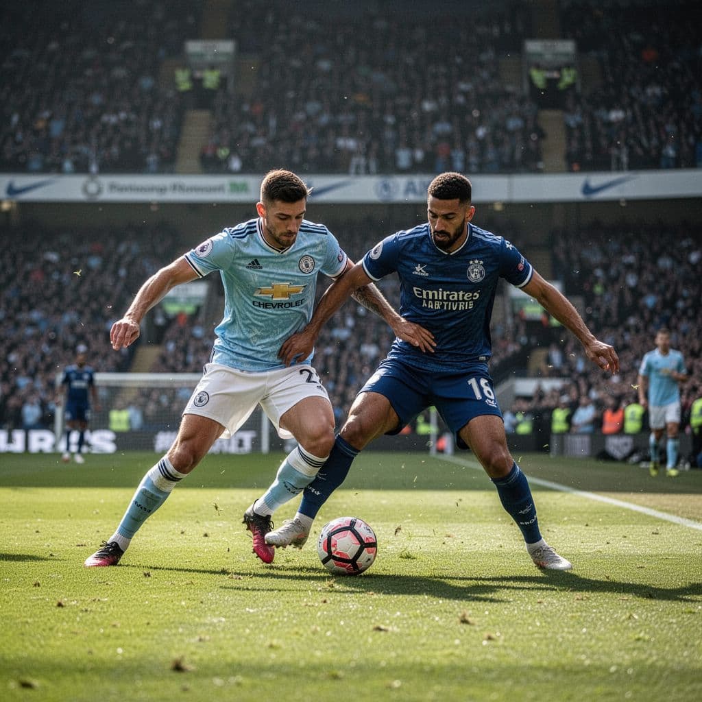 Two professional athletes in contrasting colored jerseys sprint across a vibrant green pitch during a competitive match. A blurred stadium crowd fills the sunlit background, highlighting the intense focus on ball possession.