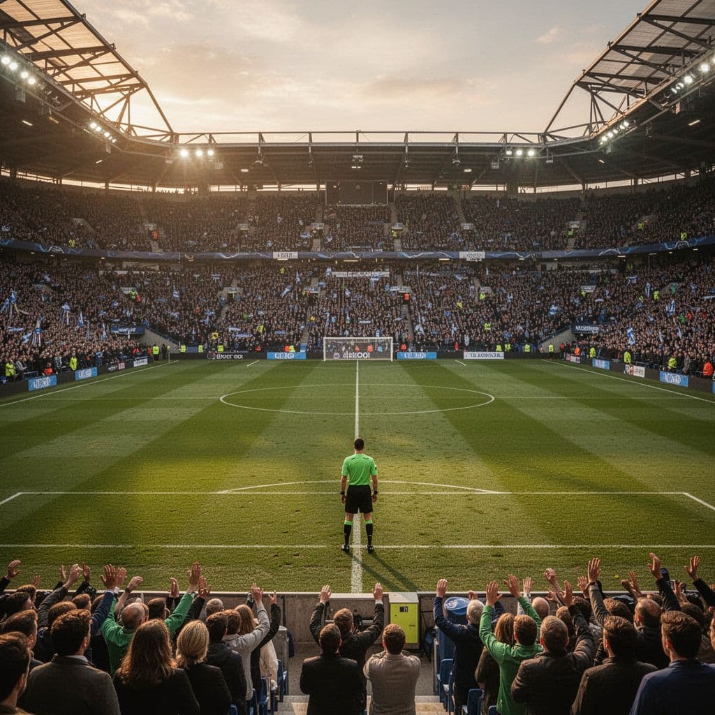 Wide view from stands of packed soccer stadium at sunset over green pitch with central referee.