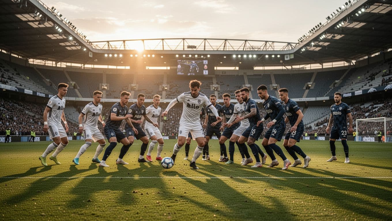 A focused soccer player navigates past a defensive wall of opponents on a grass field. Warm sunset light illuminates the stadium pitch while the players display intense concentration during the match.