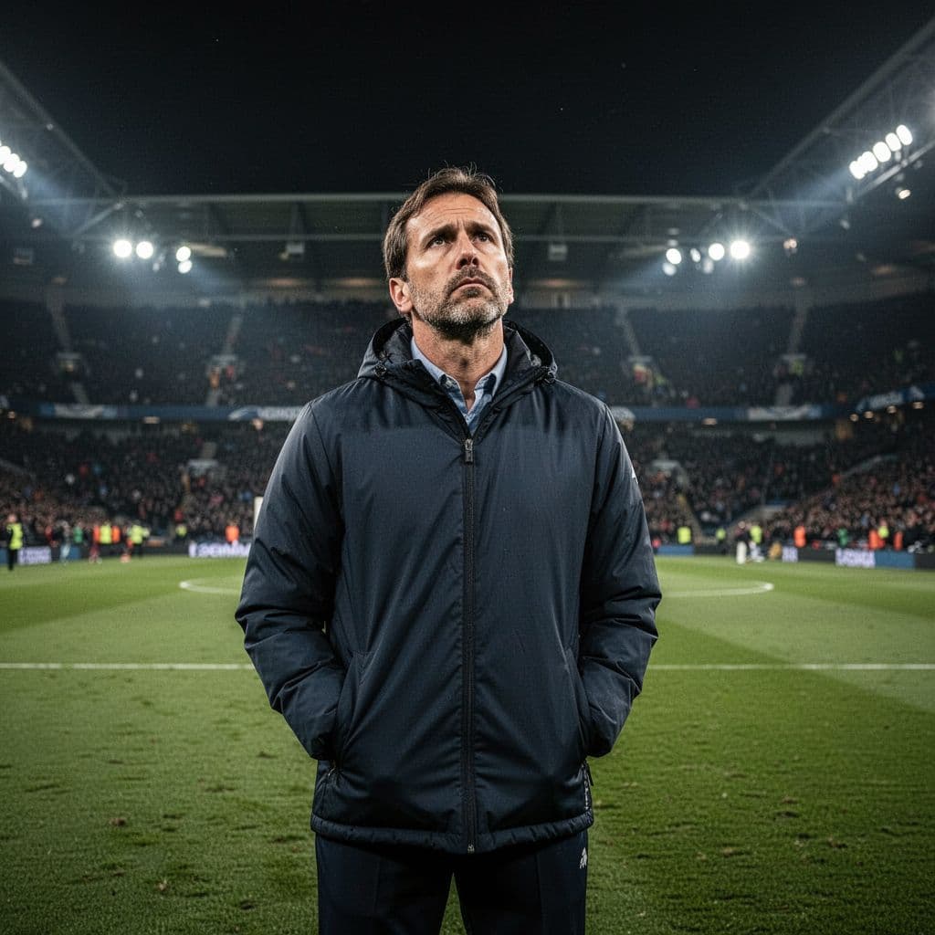 Soccer coach stands seriously by green field edge with blurred night stadium background.