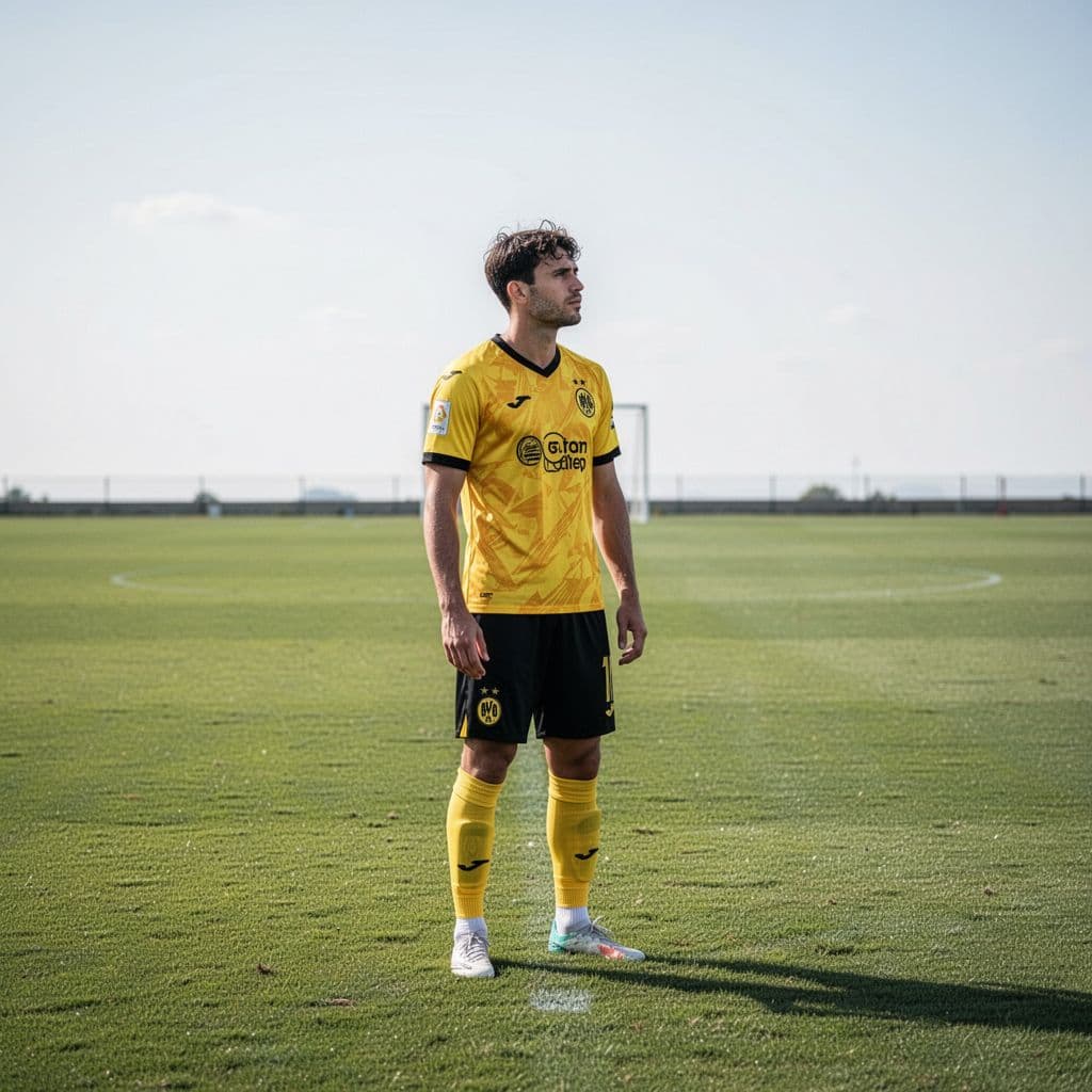 Soccer player in yellow and black kit stands alone on grass field, looking down thoughtfully.