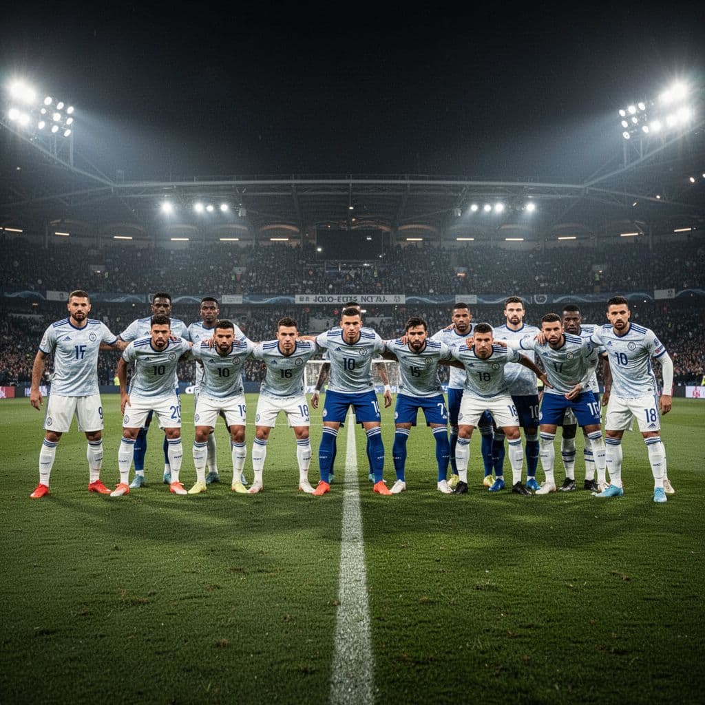 Football players in white and blue jerseys defend tightly as a unit on green pitch under stadium floodlights at night.