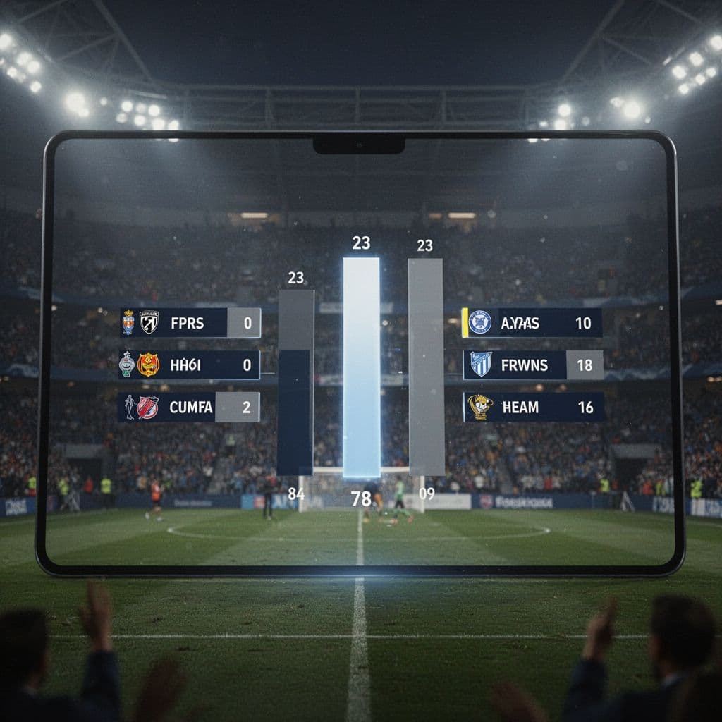 Close-up digital screen shows football league table mid-section with teams at close points, blurred stadium background.