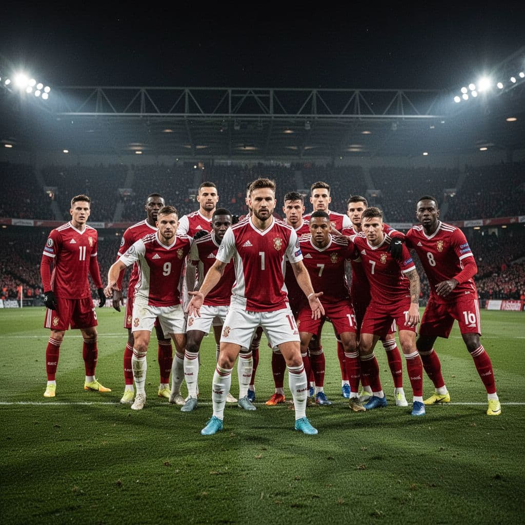 Red-white players defend tightly in penalty area against red opponents under dramatic night stadium lights.