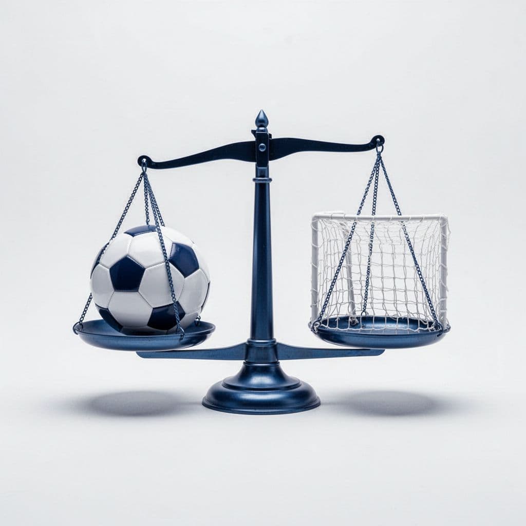 Slightly tilted balance scale with soccer ball on one side and goal net on the other, in blue and white.