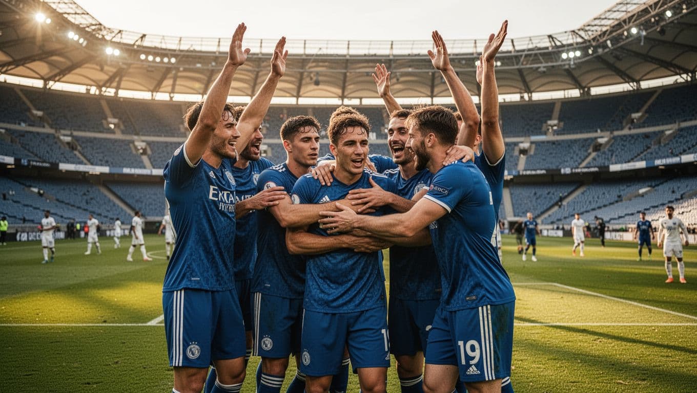 Para pemain sepak bola Inggris merayakan kemenangan di lapangan stadion yang megah di bawah cahaya sore yang hangat. Ekspresi mereka menunjukkan kelegaan serta rasa percaya diri yang tinggi setelah pertandingan sengit.