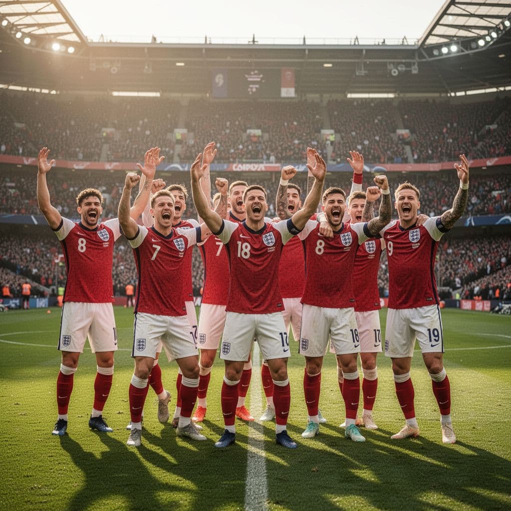 Para pemain sepak bola tim nasional Inggris bersorak gembira di tengah lapangan stadion saat matahari sore yang hangat menyinari wajah mereka. Tribun penonton di latar belakang tampak ramai namun samar.