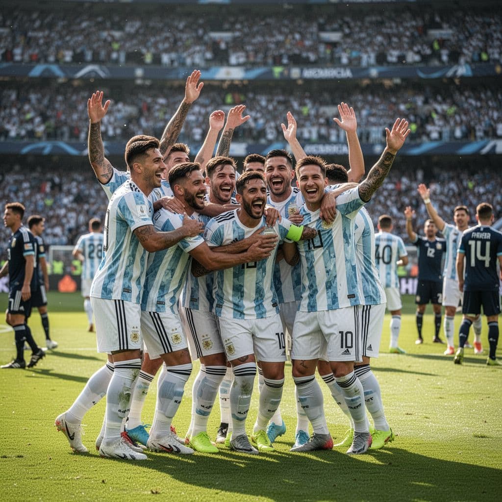 Para pemain tim nasional Argentina berkumpul di tengah lapangan hijau stadion besar dalam suasana penuh sukacita. Mereka menunjukkan ekspresi kebahagiaan yang mendalam setelah memastikan kelolosan menuju fase gugur turnamen sepak bola.