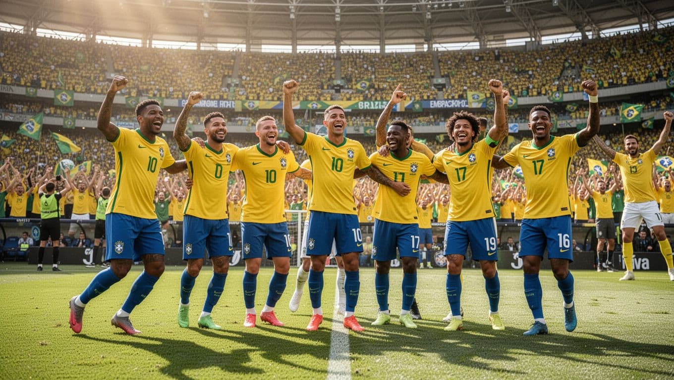 Sekelompok pemain sepak bola Brasil bersorak gembira di tengah lapangan stadion besar. Di latar belakang, ribuan penonton yang antusias memberikan dukungan penuh saat tim tersebut merayakan keberhasilan mereka mengamankan posisi grup.