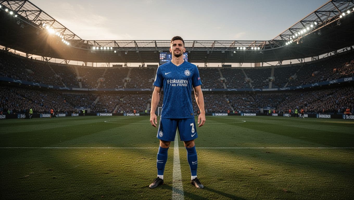 Para atlet sepak bola mengenakan seragam biru kebanggaan mereka berdiri tegak di tengah lapangan stadion yang megah. Cahaya matahari sore yang hangat menyoroti ekspresi wajah mereka yang penuh keyakinan dan semangat.