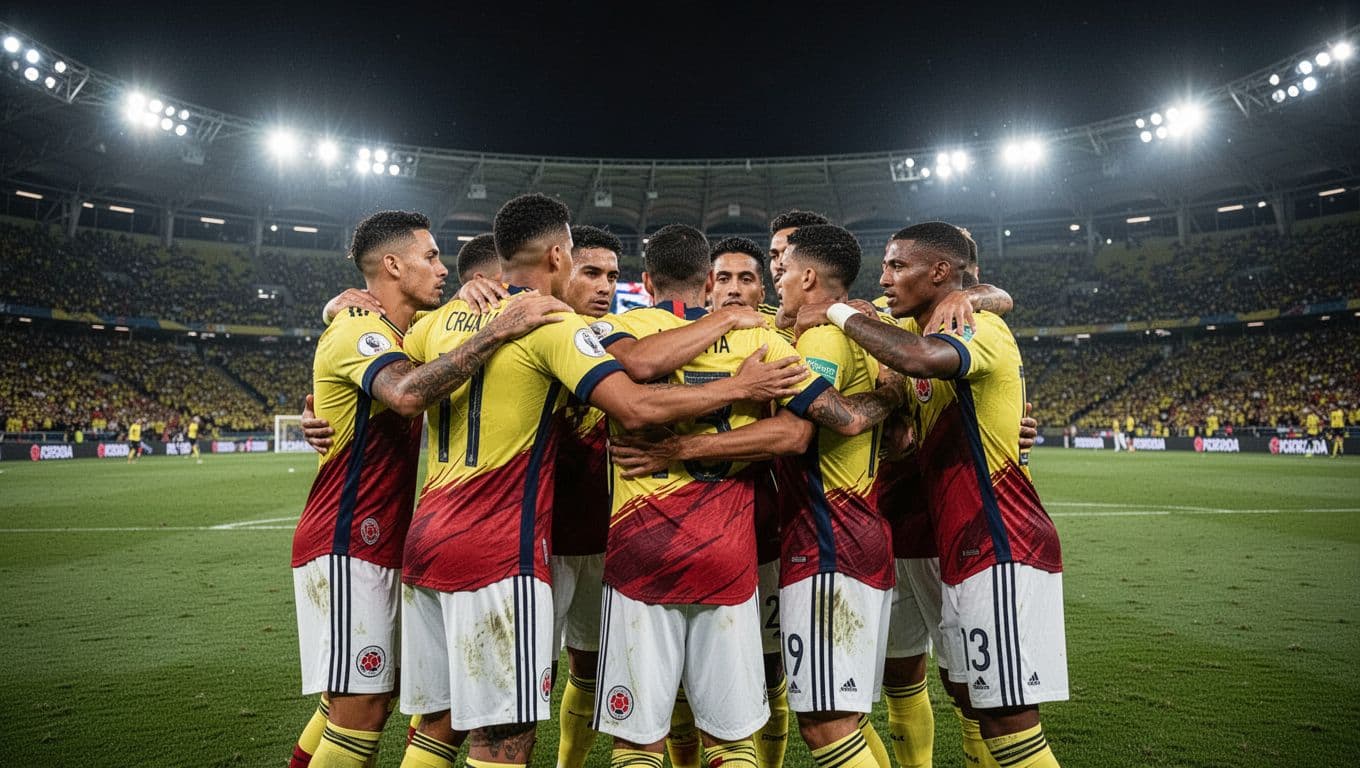 Para pemain sepak bola nasional Kolombia saling merangkul di tengah lapangan hijau setelah memenangkan pertandingan penting. Stadion besar dengan sorot lampu malam yang terang menyinari ekspresi wajah mereka yang penuh percaya diri.