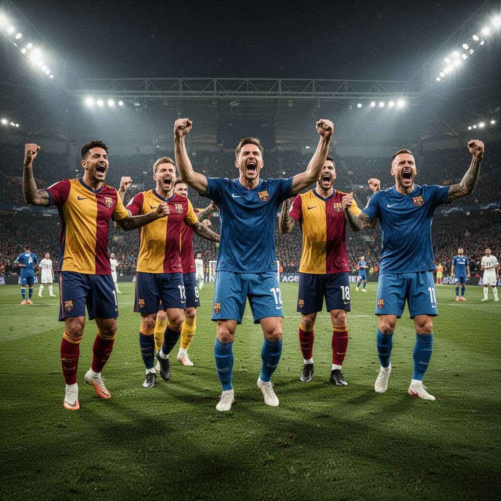 Para pemain sepak bola mengenakan jersey cerah berkumpul di atas rumput lapangan hijau yang luas. Mereka tampak bersorak gembira dengan latar belakang stadion megah setelah berhasil memastikan diri lolos ke babak selanjutnya.