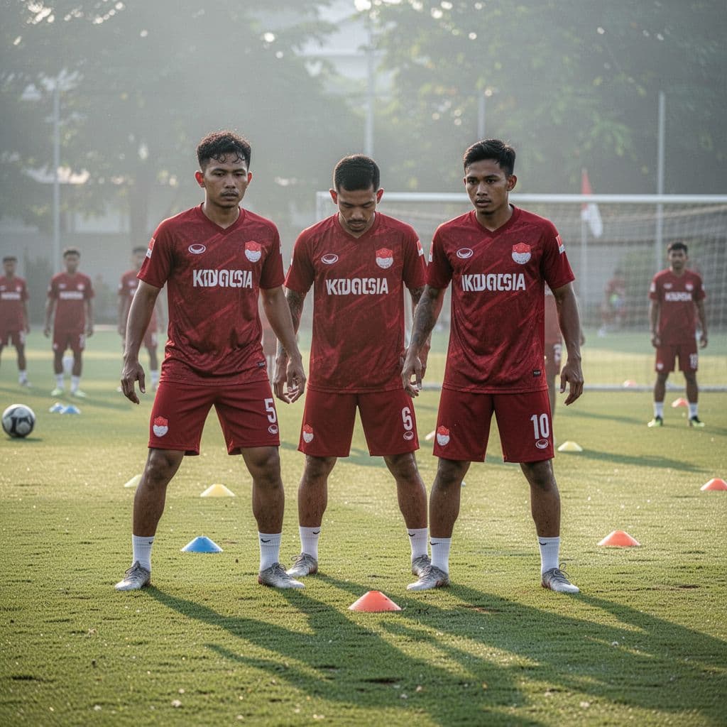 Five Indonesian national team players engage in a focused tactical drill on a lush green field. Soft morning sunlight illuminates the grass as the team prepares intensely for their upcoming match.