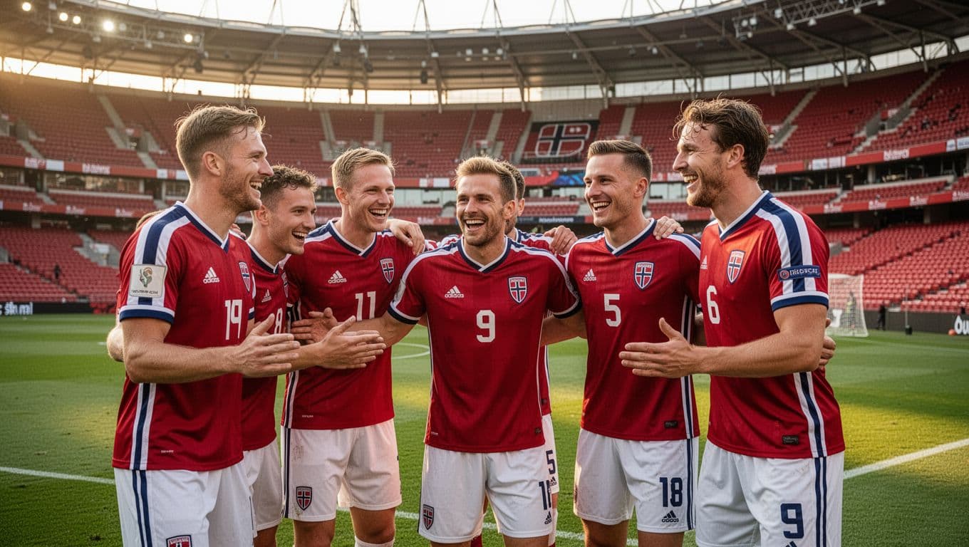 Para pemain sepak bola Norwegia berseragam merah putih merayakan kelolosan ke perempat final di tengah lapangan stadion besar. Ekspresi kegembiraan mereka tampak jelas di bawah cahaya sore yang hangat setelah mengalahkan Brasil.