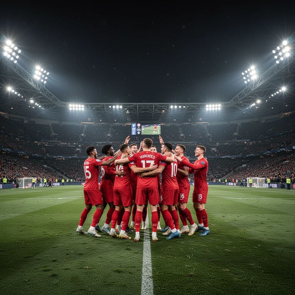 Para pemain timnas Spanyol berbalut seragam merah berkumpul di tengah lapangan stadion yang diterangi lampu sorot. Ekspresi haru dan antusias terpancar jelas di wajah mereka saat merayakan keberhasilan meraih kemenangan dramatis malam itu.