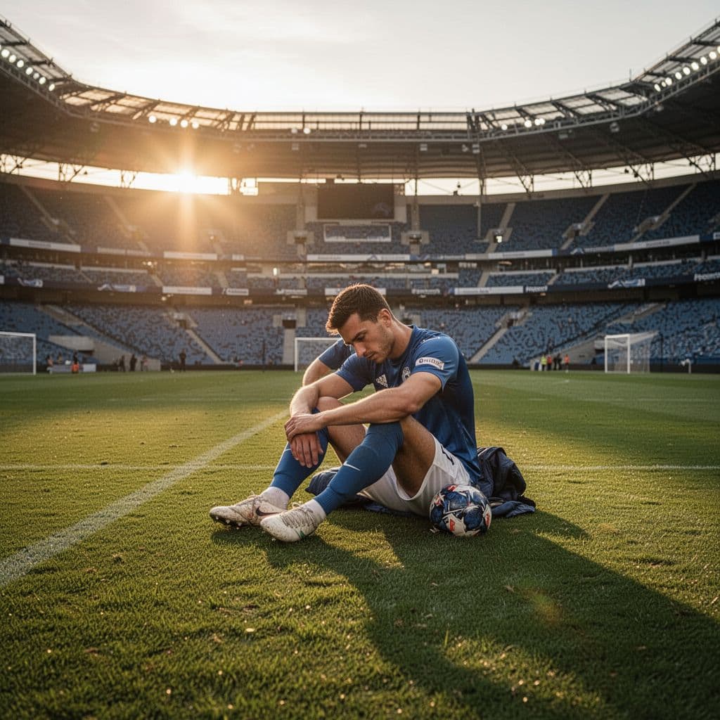 A single football player sits alone on a stadium field during a golden sunset.
