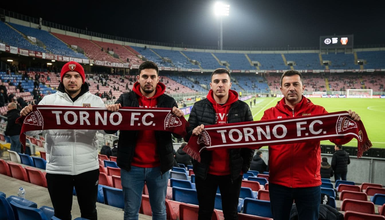 Four Torino FC fans hold scarves in tense away section at Unipol Domus during night Serie A match.