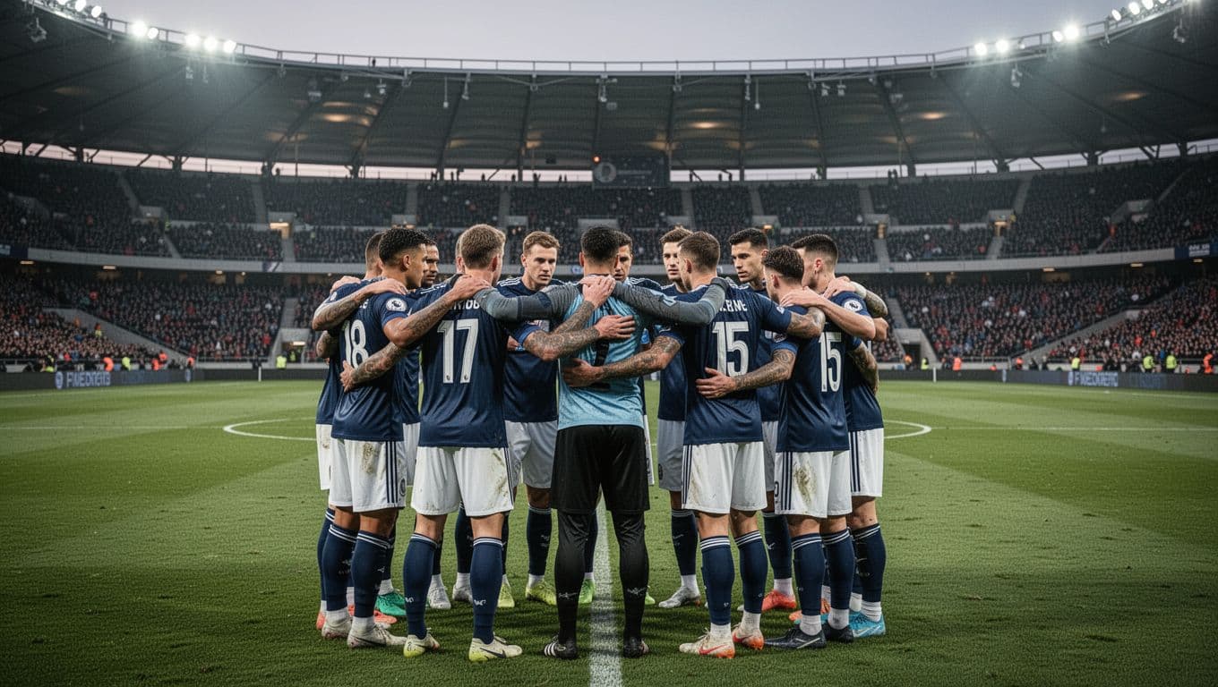 Torino FC players and coach huddle focused and tense on pitch edge before Cagliari away match, stadium with small away fans in evening background.