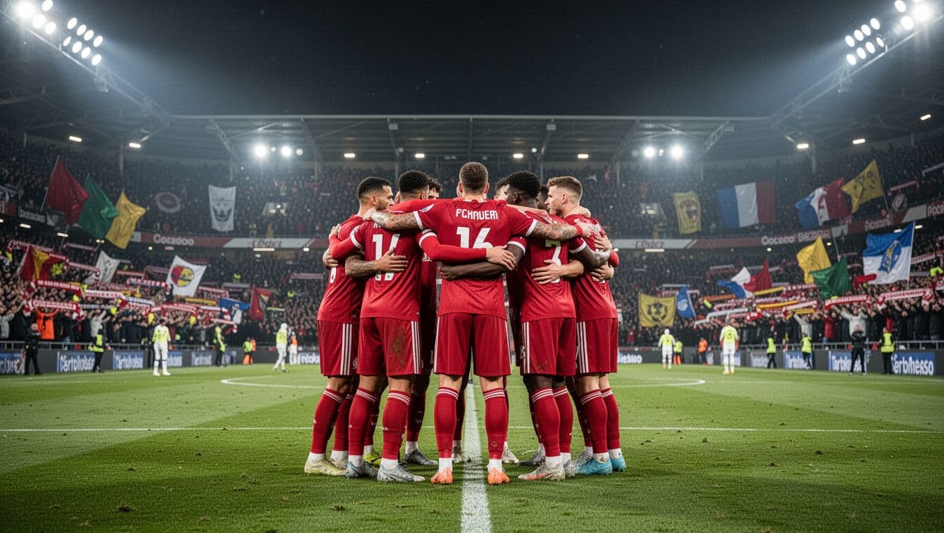 Eight Torino FC players in group hug at midfield celebrate derby win over Juventus under night floodlights, fans waving scarves.