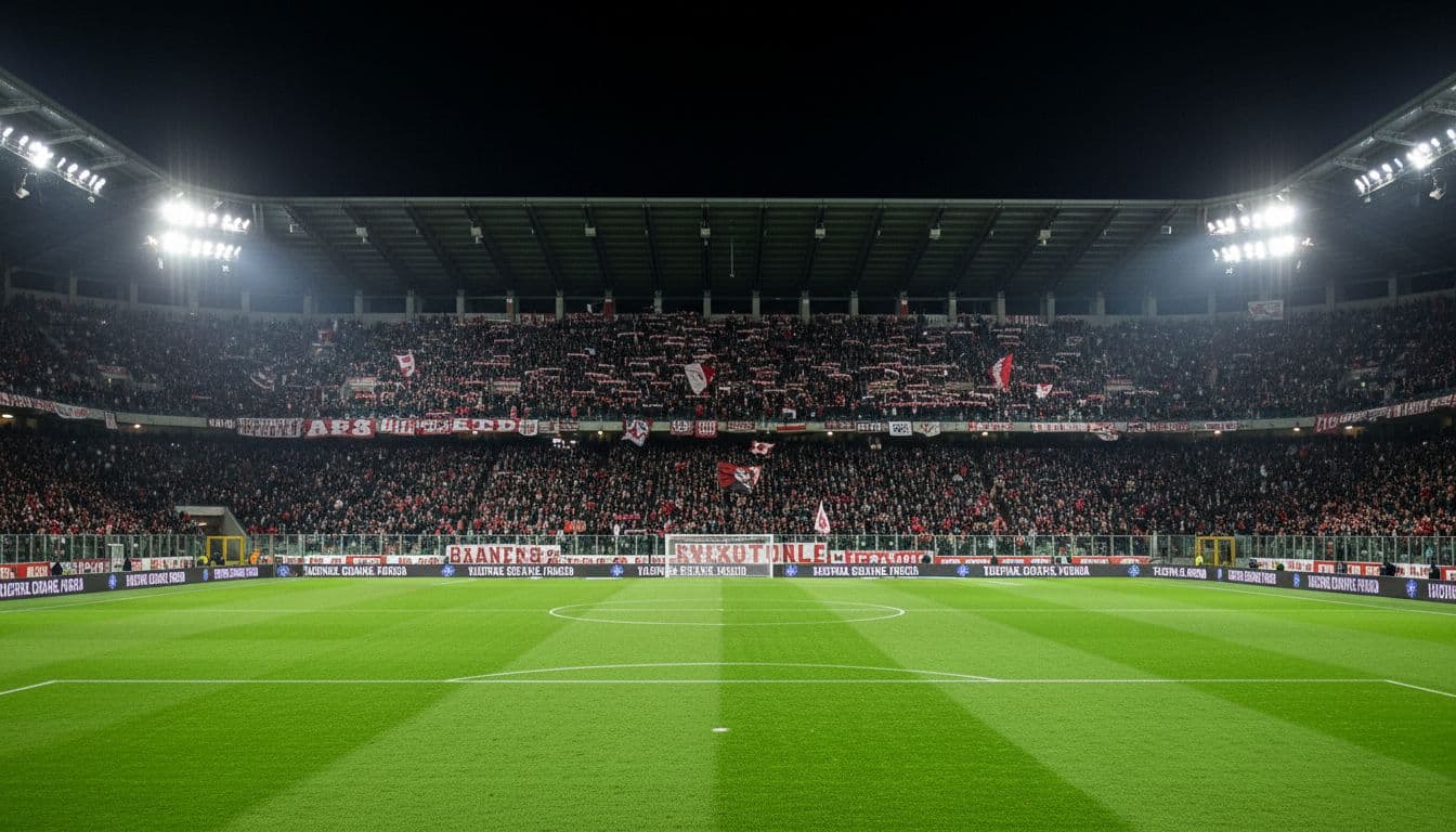 Fans Torino FC bersorak di stadion Turin pada malam hari dengan lapangan kosong di bawah sorot lampu terang.