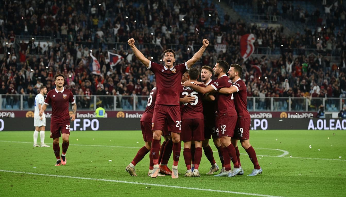 Torino FC players celebrate a goal on the field under floodlights, one with arms raised, crowd cheering behind.