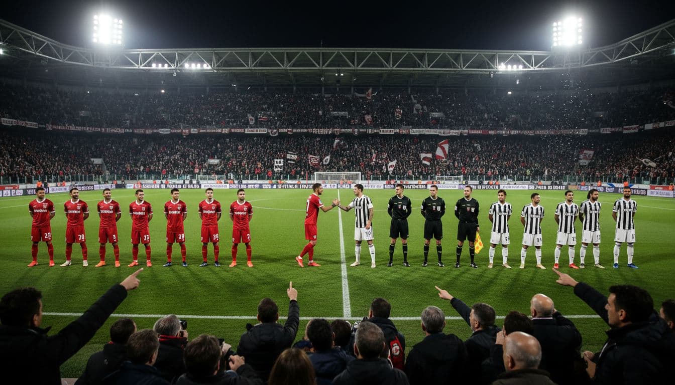 Torino and Juventus captains shake hands center field before kick-off at night stadium, players lined up, fans cheering under floodlights.