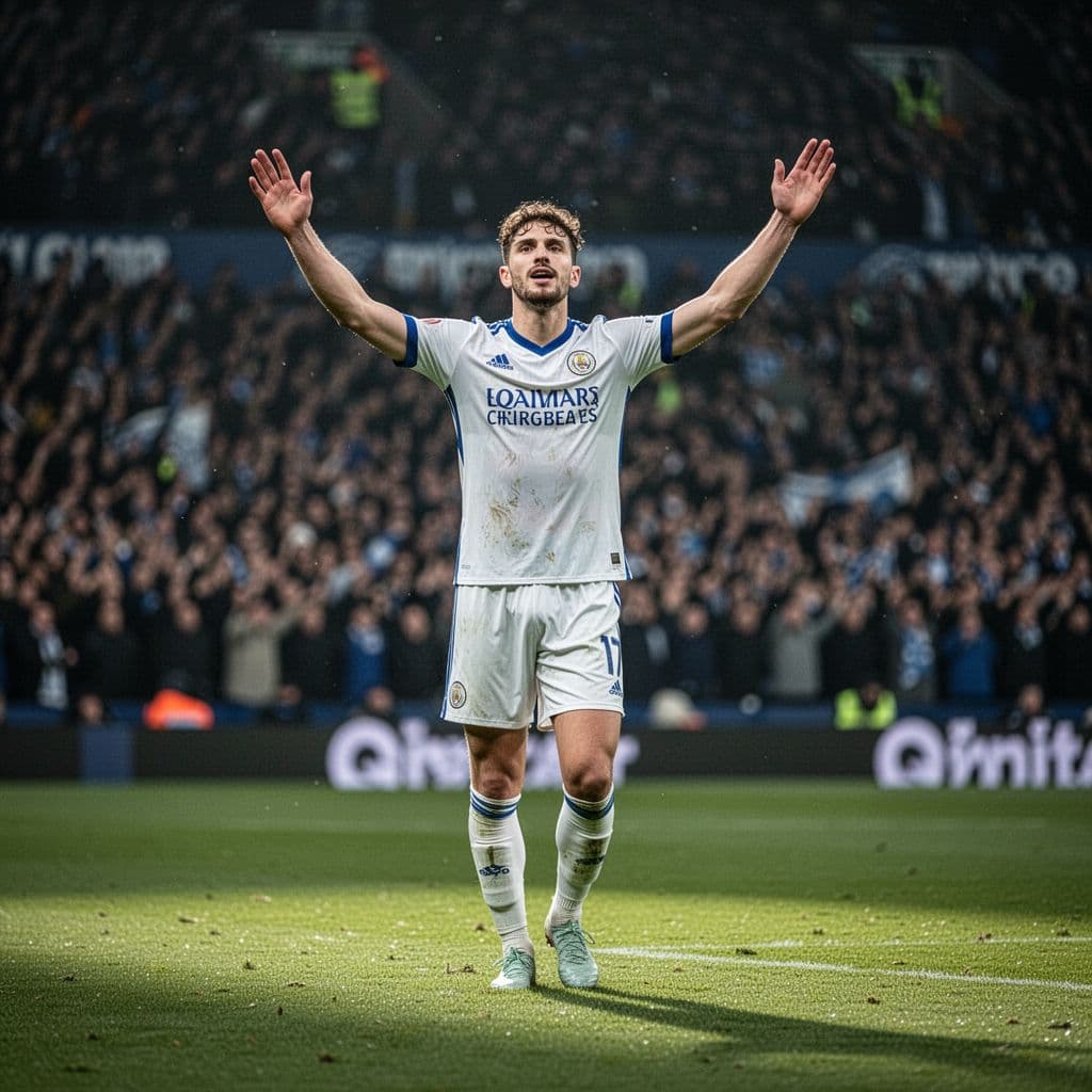 A football player in a white and blue kit celebrates a goal on a grass pitch.