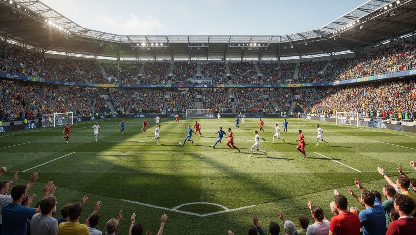 A wide view of a professional football pitch with players in action before a packed stadium crowd.