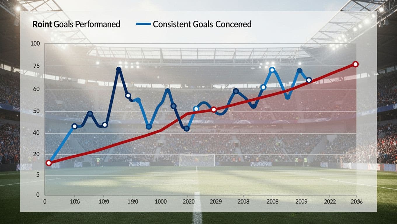 Blue line sharply fluctuates for points per game; red line steady high for goals conceded on subtle stadium background.