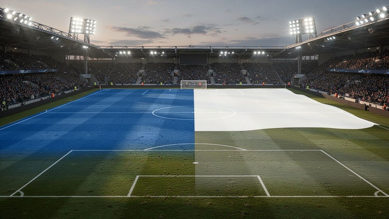 Split chart on soccer pitch with stadium lights shows blue Tottenham segment, white Leeds, gray draw.