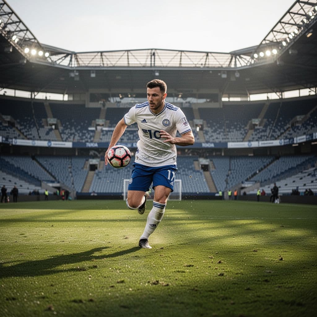 A focused Tottenham Hotspur player in a white and blue kit runs across a green pitch.