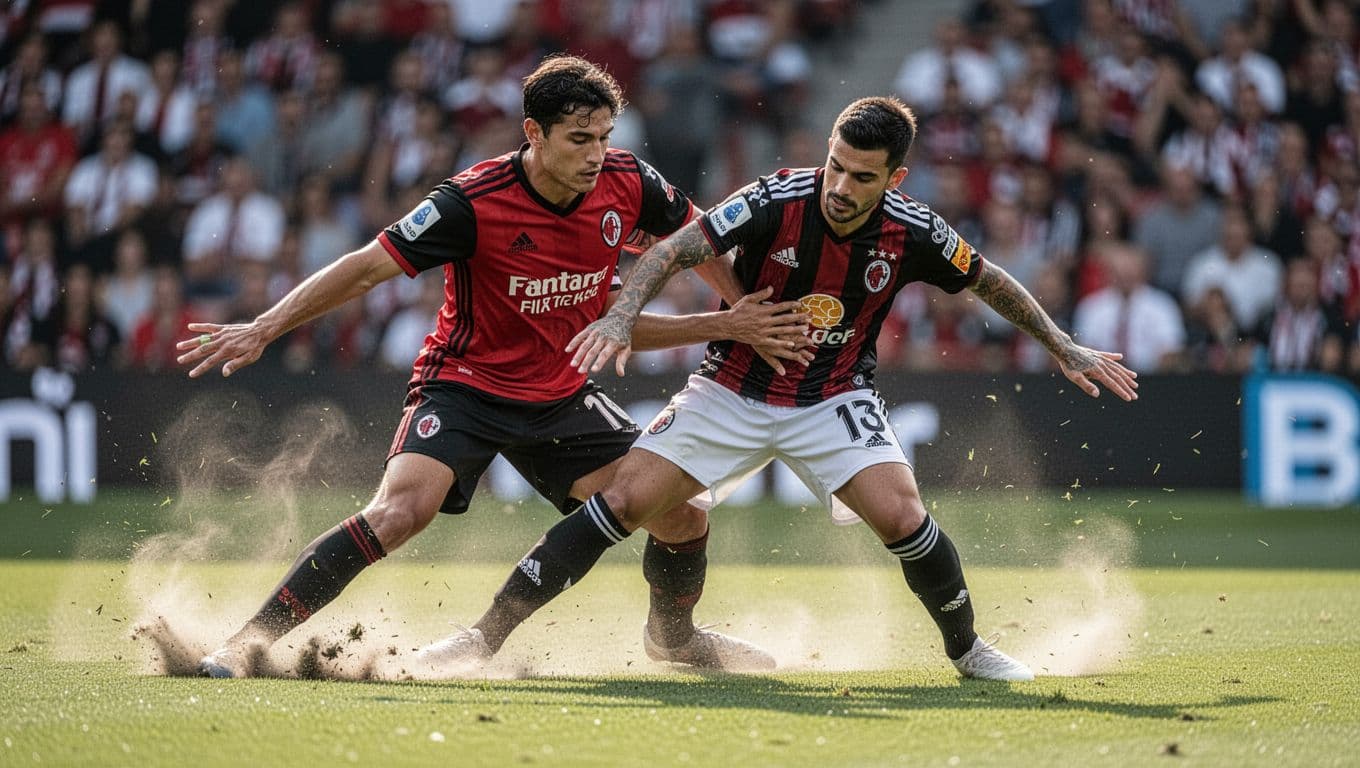 Toulouse FC defender in red-black jersey tackles opponent on green field, dust rising, blurred stadium crowd.