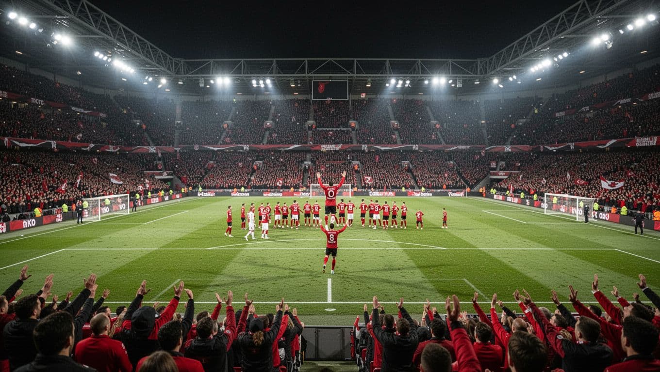 Packed stadium with red-and-black fans cheering as players celebrate goal on green pitch under night lights.