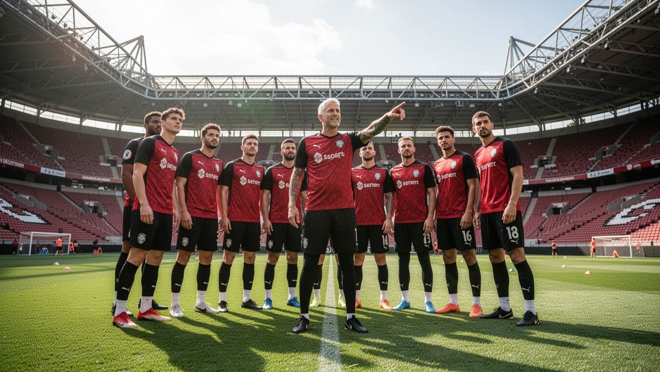 Eleven Toulouse FC players in red and black jerseys huddle with coach on green stadium training field, coach pointing forward.