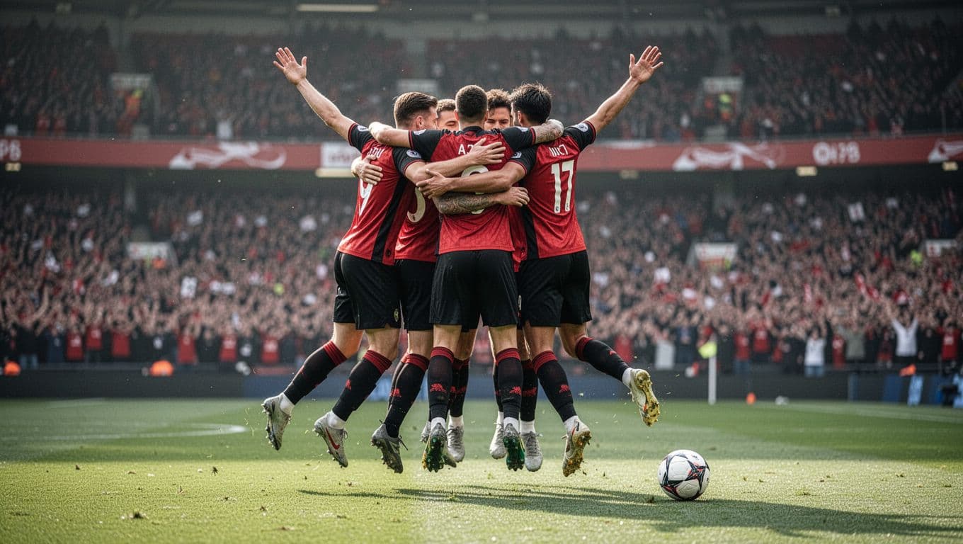 Five Toulouse FC players in red and black jerseys jump in a group hug with arms raised on the green pitch, blurred crowd cheering behind.