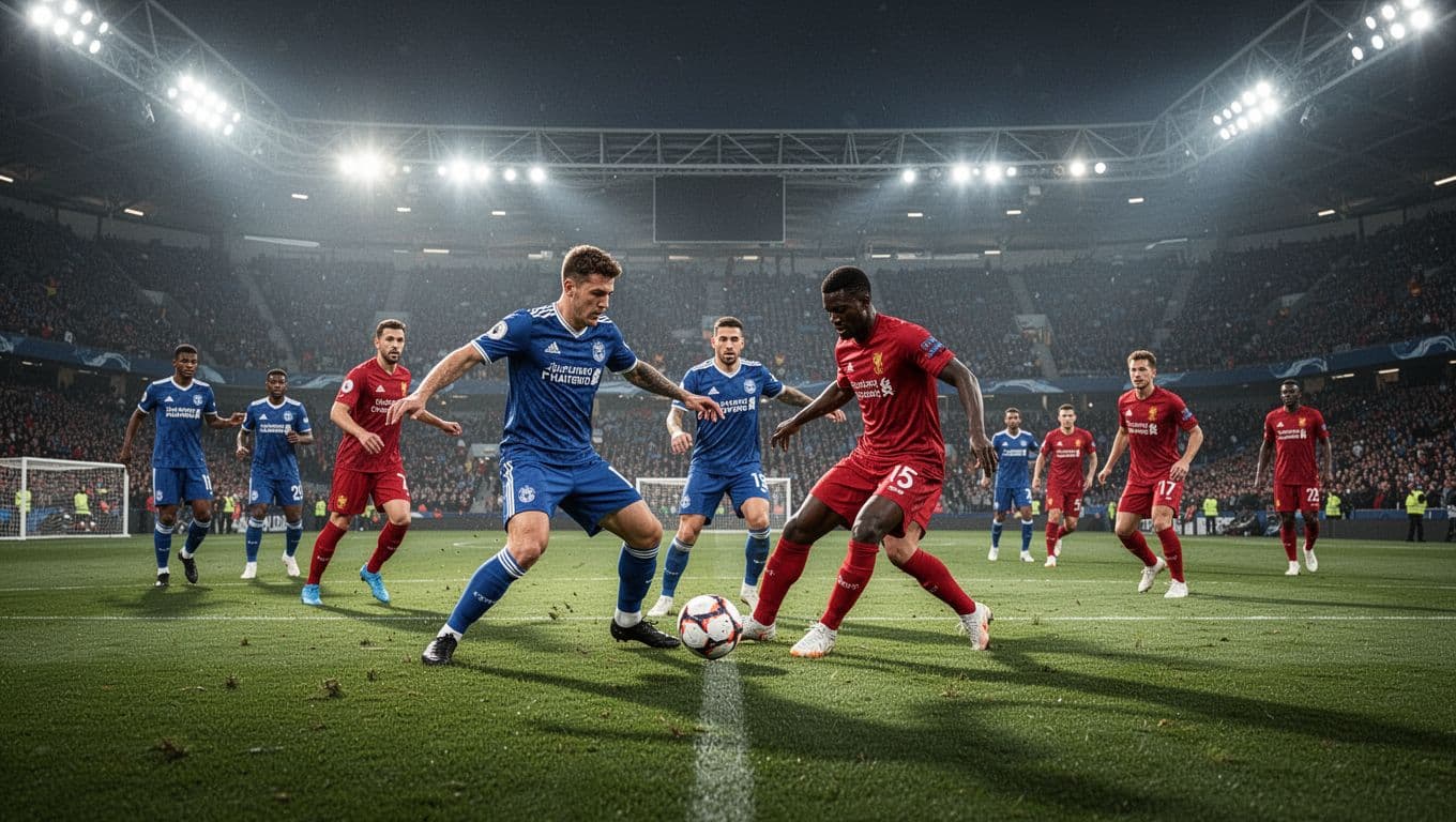 Players in blue and red jerseys engage in a tense battle on a professional grass pitch. Powerful stadium floodlights illuminate the vibrant field during this high-stakes international tournament matchup.