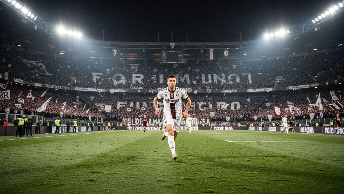 Bright floodlights illuminate a pristine green pitch in Turin as a single player stands blurred in the center. Dense crowds fill the stadium stands, creating an intense and electric game atmosphere.