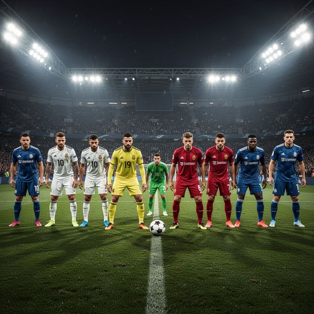 Two opposing football teams stand on the vibrant green pitch under bright stadium lights. Players focus intently on the ball placed at the center circle before the opening whistle blows.