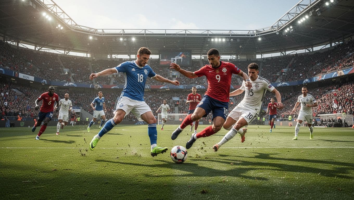 Two national teams compete on a vibrant green stadium pitch during a bright daytime match. Players maneuver across the grass in a tactical display of speed, intensity, and athletic coordination.