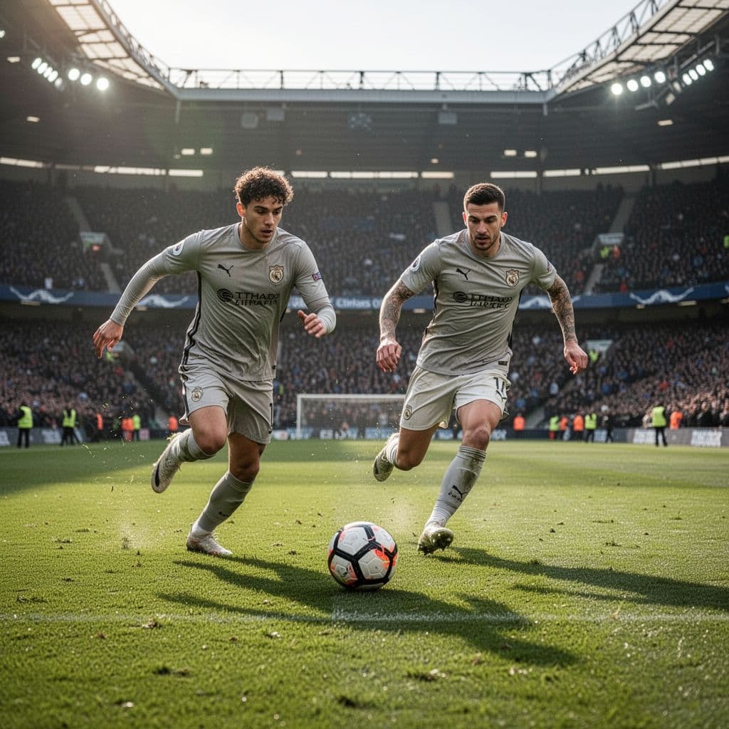 Two uniformed football players compete for the ball on a green grass field in a stadium.